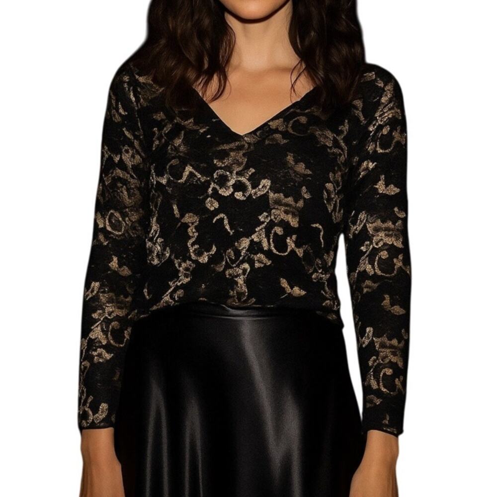 Y2K Sheer Metallic Lace Evening Top Womens Large Glam Black Gold Night Glam